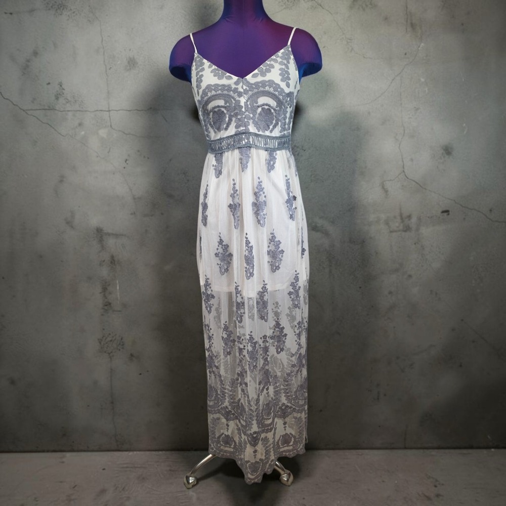 Altar'd State White Blue Floral Embroidered Mesh Maxi Dress XS Boho Romantic